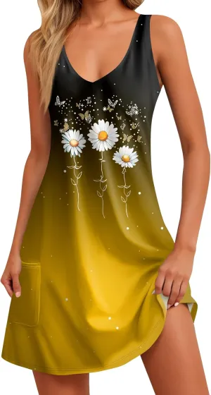 Women's Boho Sunflowers Print Trendy V Neck Sundresses Summer Beach Vacation Sleeveless Tunic Dresses