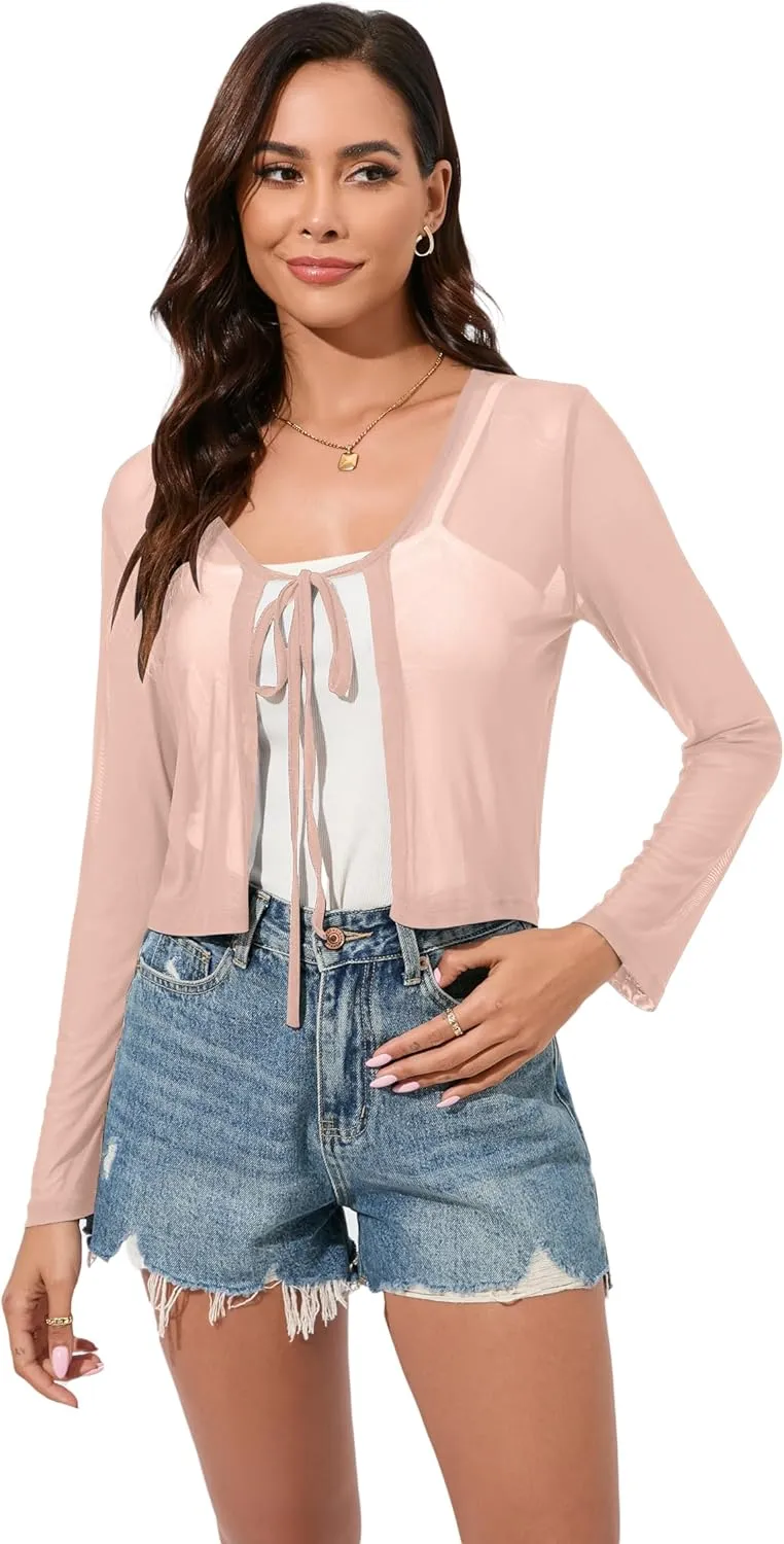 Women's Bolero Sheer Shrug Tie Front Crop Cardigan Lightweight Stretch Long Sleeve Summer Cover Up S-2XL