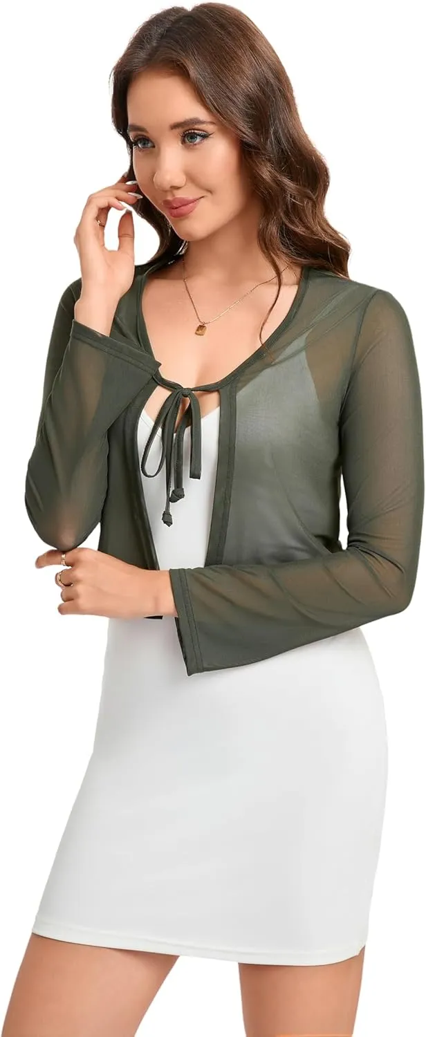 Women's Bolero Sheer Shrug Tie Front Crop Cardigan Lightweight Stretch Long Sleeve Summer Cover Up S-2XL