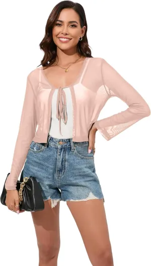 Women's Bolero Sheer Shrug Tie Front Crop Cardigan Lightweight Stretch Long Sleeve Summer Cover Up S-2XL