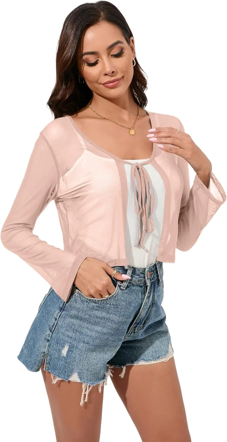 Women's Bolero Sheer Shrug Tie Front Crop Cardigan Lightweight Stretch Long Sleeve Summer Cover Up S-2XL