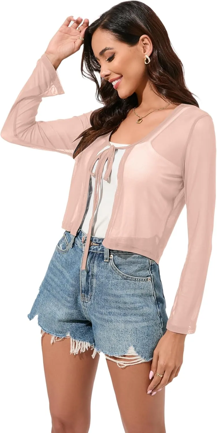 Women's Bolero Sheer Shrug Tie Front Crop Cardigan Lightweight Stretch Long Sleeve Summer Cover Up S-2XL