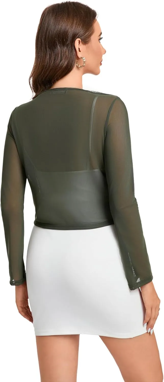 Women's Bolero Sheer Shrug Tie Front Crop Cardigan Lightweight Stretch Long Sleeve Summer Cover Up S-2XL