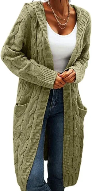 Women's Cable Knit Long Sleeve Sweater Cardigan Open Front Long Cardigans Pocket Hooded Casual Outwear