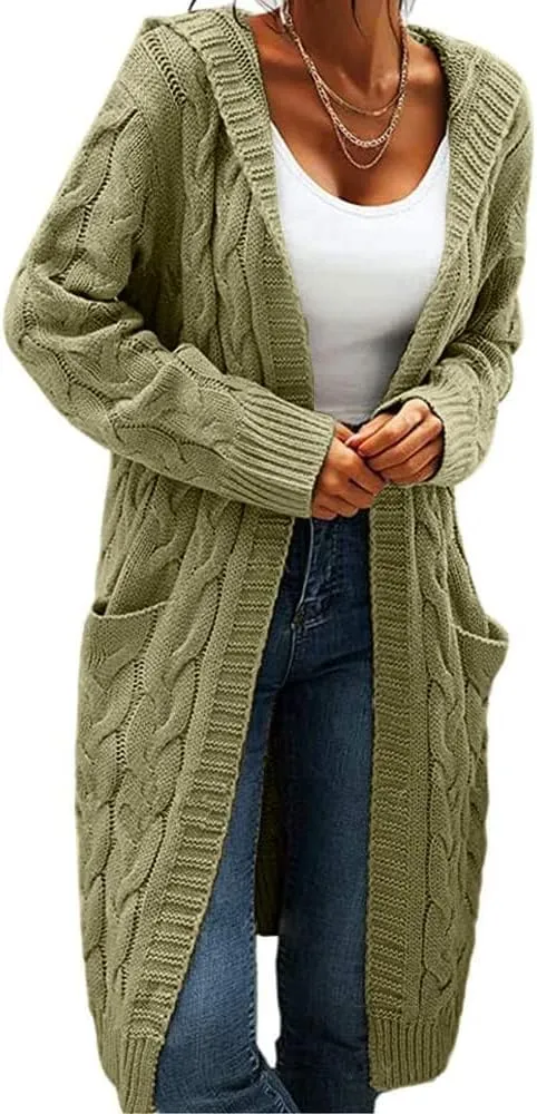 Women's Cable Knit Long Sleeve Sweater Cardigan Open Front Long Cardigans Pocket Hooded Casual Outwear
