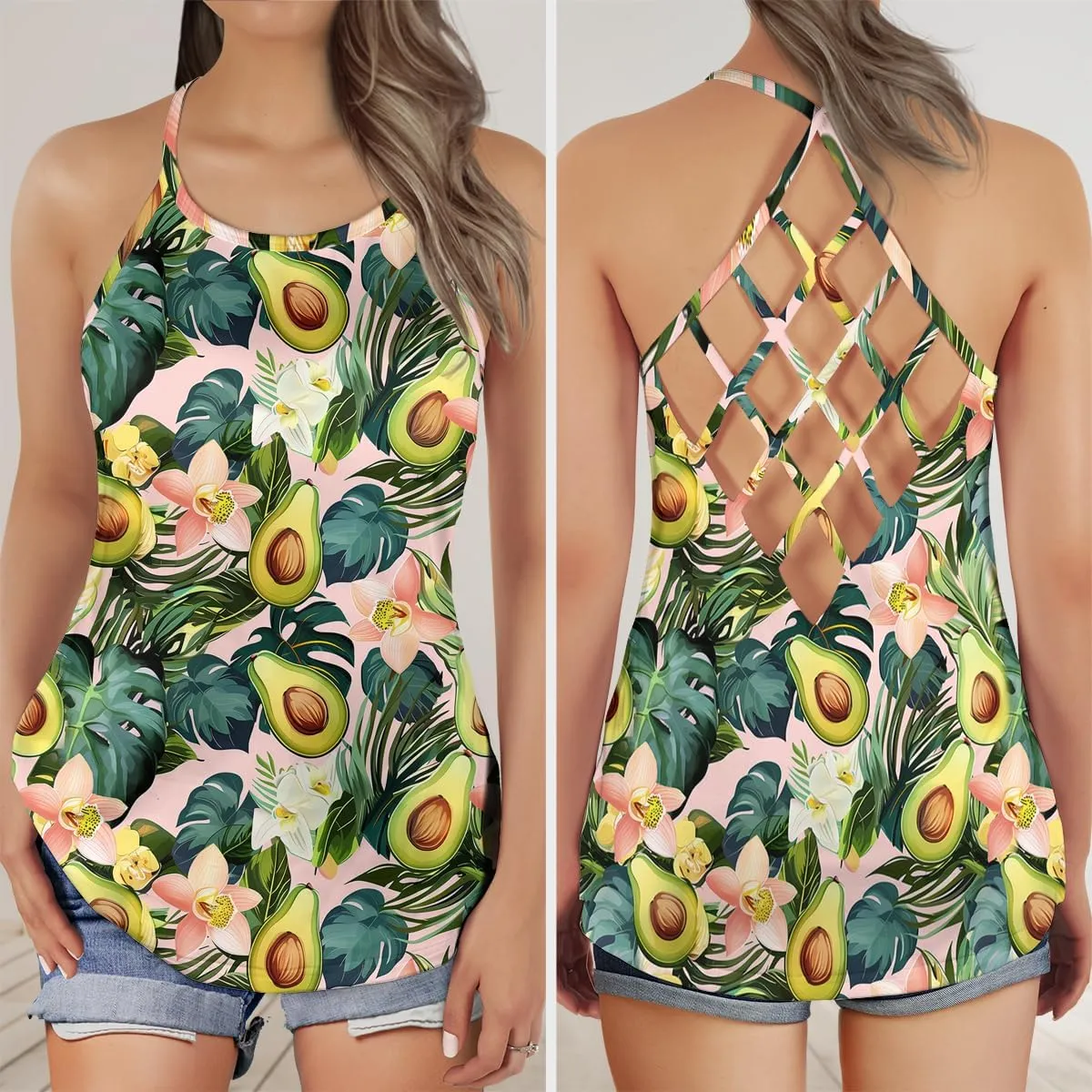 Women's Camisole Tank Tops - Avocado Spaghetti Strap Criss Cross Open Back Tank Summer Top for Women Series 33
