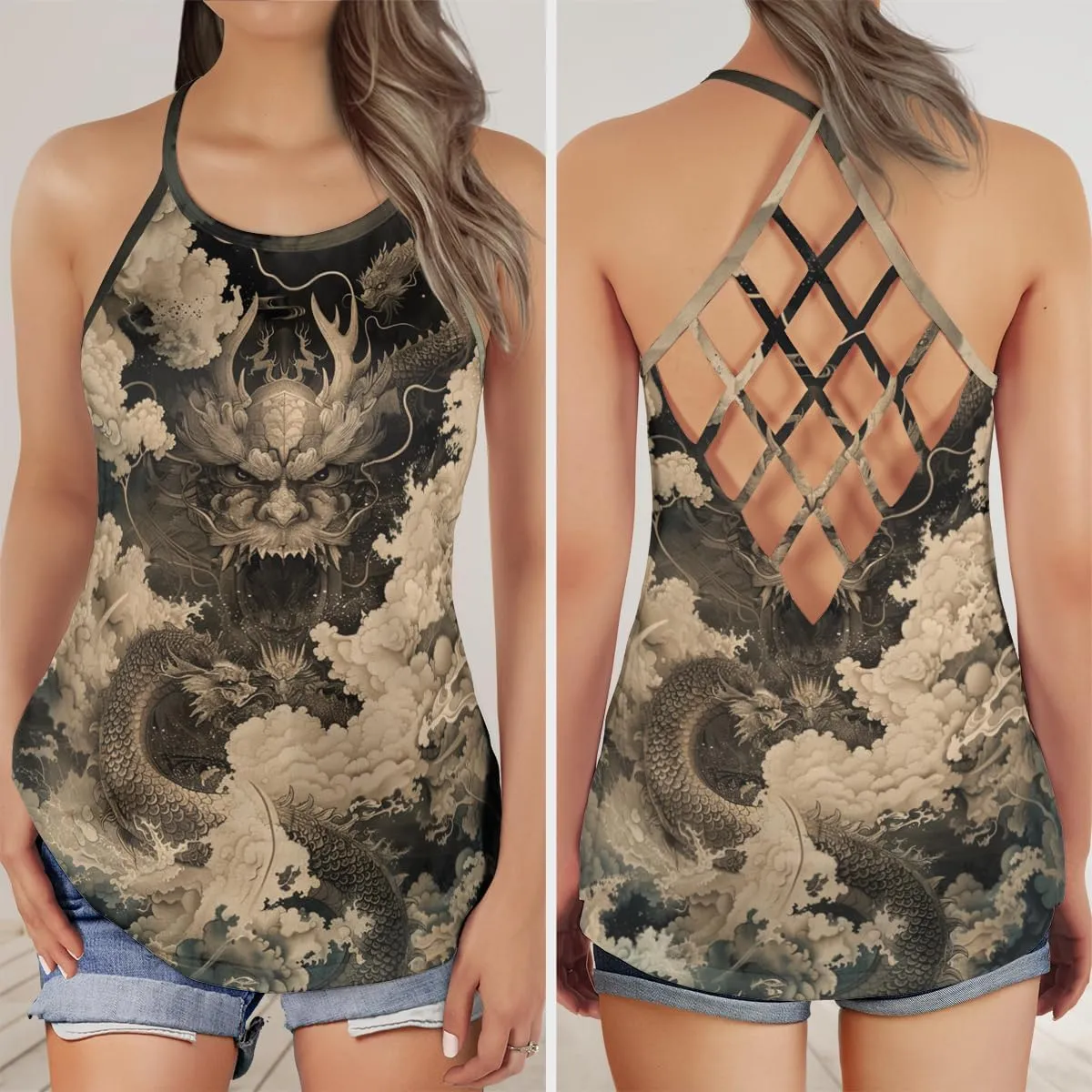Women's Camisole Tank Tops - Chinese Dragon Spaghetti Strap Criss Cross Open Back Tank Summer Top for Women Series 14