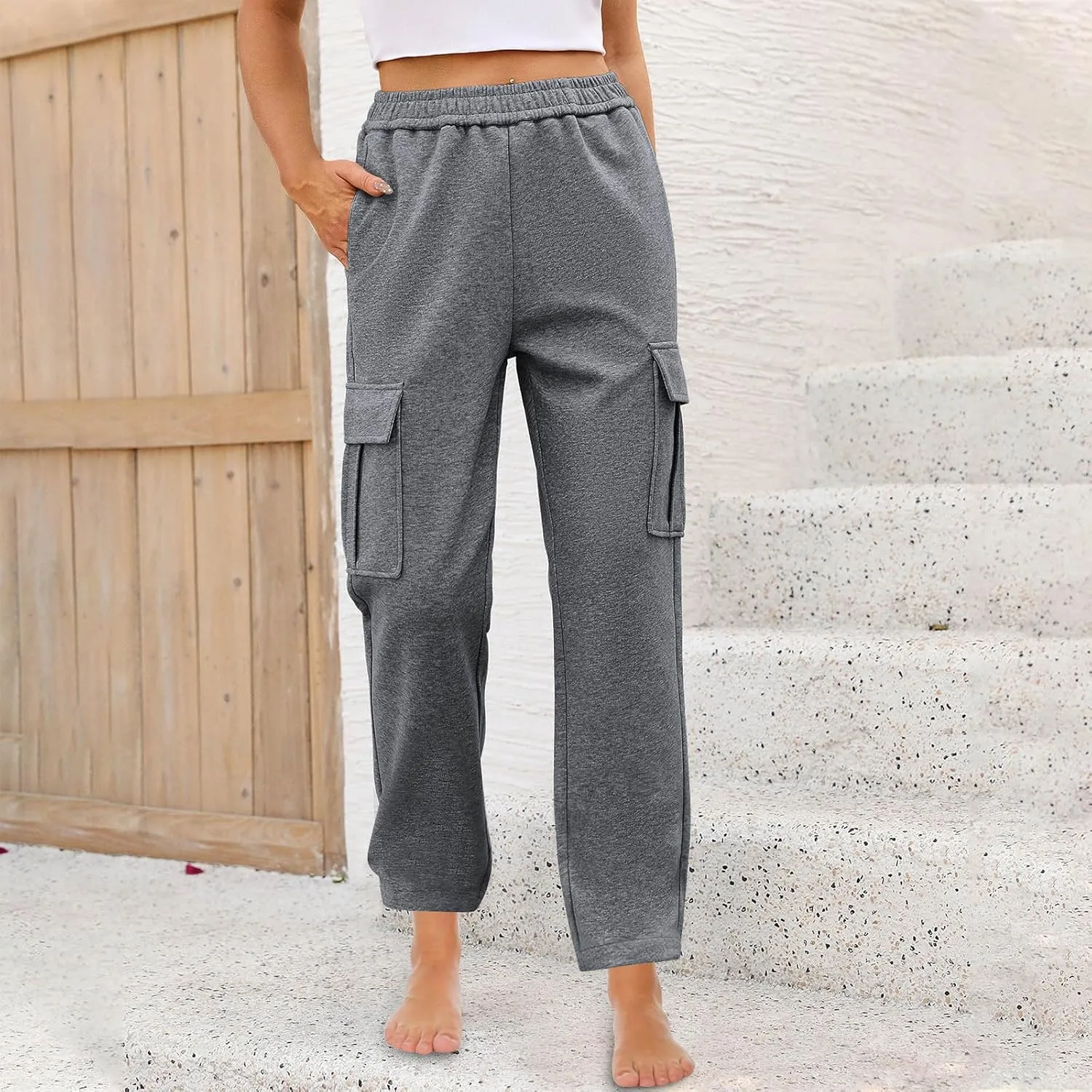 Womens Cargo Sweatpants Casual Elastic High Waist Joggers Pants 2024 Trendy Lounge Trousers with Pockets Fall Outfits