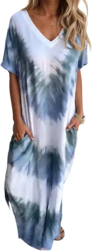 Women's Casual Gradient Sundress Short Sleeve Split Maxi with Pockets Long Beach Shirt Dress 2024 Summer Dresses