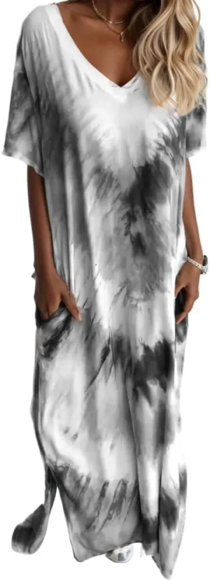 Women's Casual Gradient Sundress Short Sleeve Split Maxi with Pockets Long Beach Shirt Dress 2024 Summer Dresses