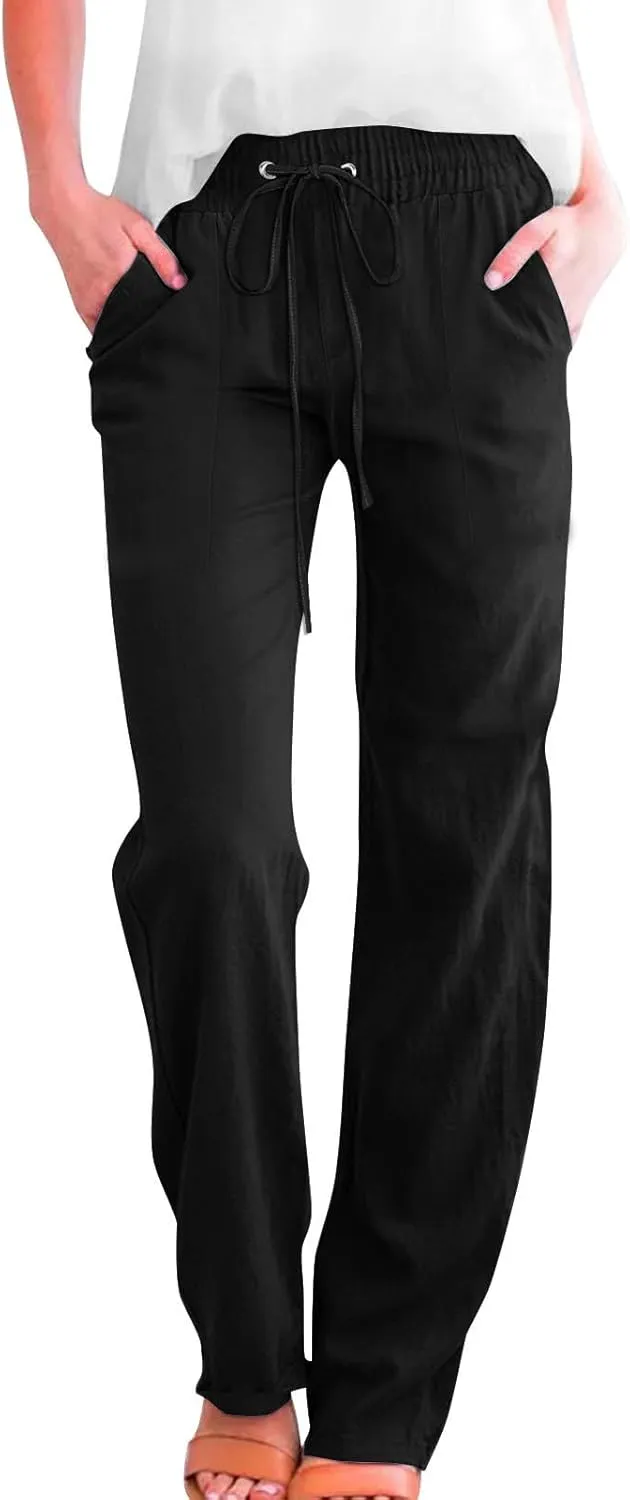 Womens Casual Linen High Waist Pants Drawstring Elastic Loose Fit Summer Pants Plus Size Trousers with Side Pockets
