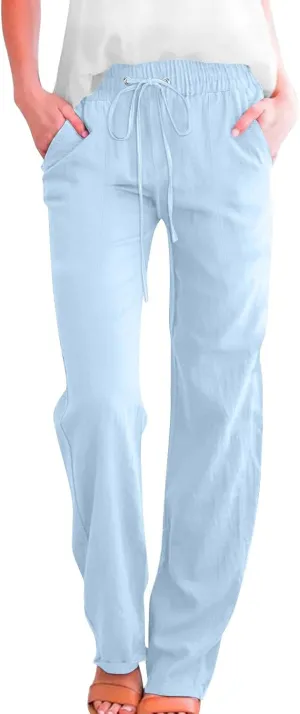 Womens Casual Linen High Waist Pants Drawstring Elastic Loose Fit Summer Pants Plus Size Trousers with Side Pockets