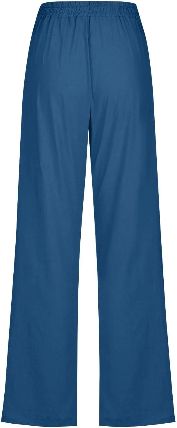 Womens Casual Linen High Waist Pants Drawstring Elastic Loose Fit Summer Pants Plus Size Trousers with Side Pockets