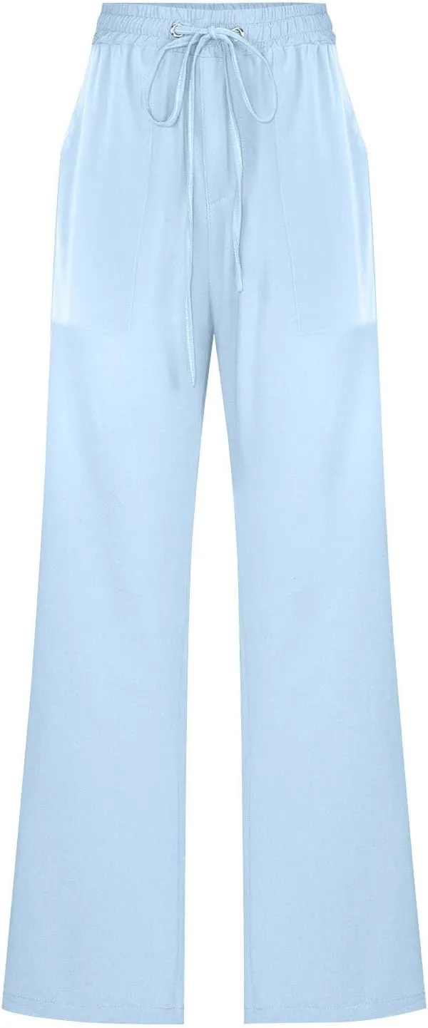 Womens Casual Linen High Waist Pants Drawstring Elastic Loose Fit Summer Pants Plus Size Trousers with Side Pockets