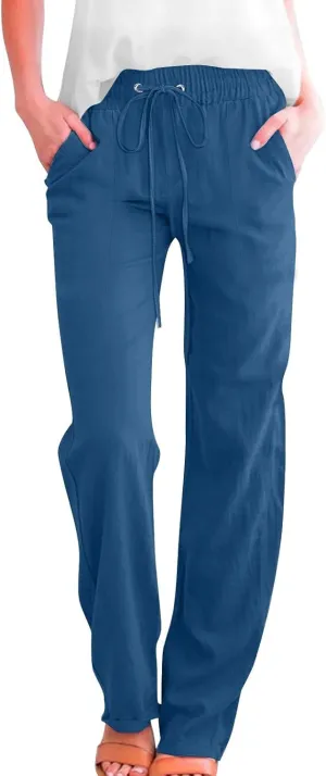 Womens Casual Linen High Waist Pants Drawstring Elastic Loose Fit Summer Pants Plus Size Trousers with Side Pockets