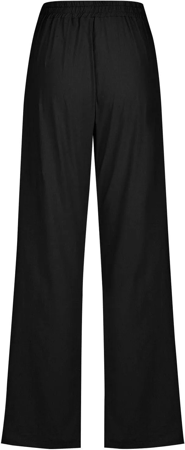 Womens Casual Linen High Waist Pants Drawstring Elastic Loose Fit Summer Pants Plus Size Trousers with Side Pockets