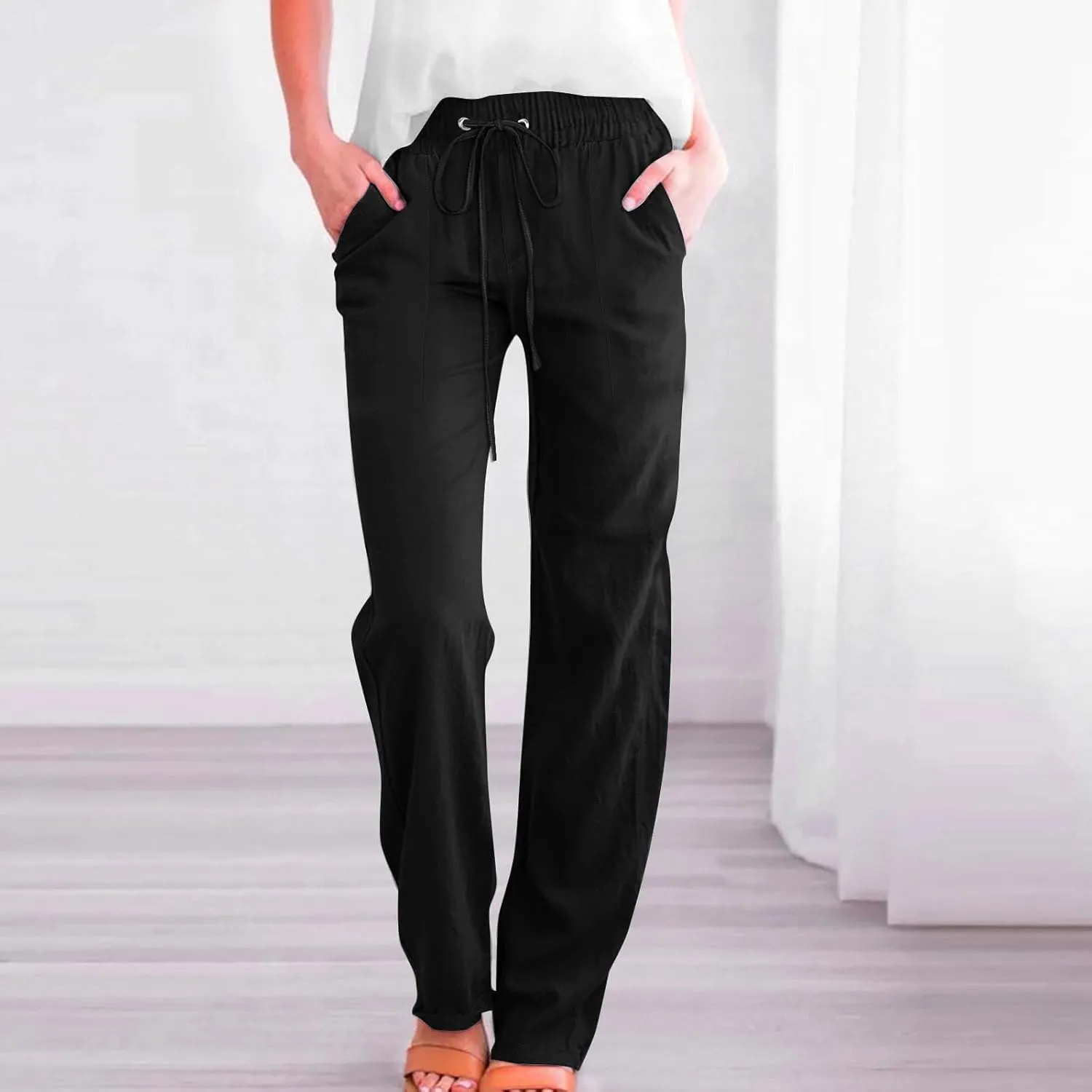Womens Casual Linen High Waist Pants Drawstring Elastic Loose Fit Summer Pants Plus Size Trousers with Side Pockets