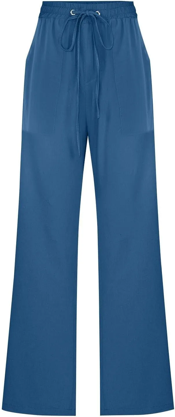 Womens Casual Linen High Waist Pants Drawstring Elastic Loose Fit Summer Pants Plus Size Trousers with Side Pockets