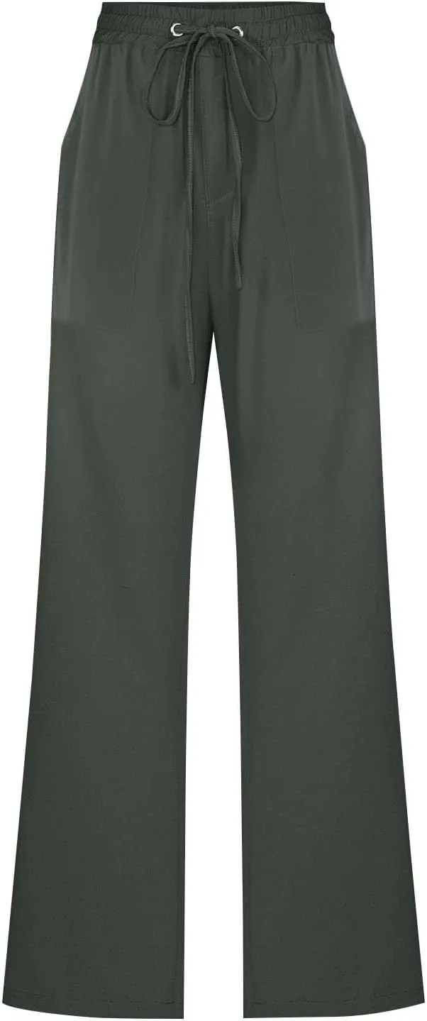Womens Casual Linen High Waist Pants Drawstring Elastic Loose Fit Summer Pants Plus Size Trousers with Side Pockets