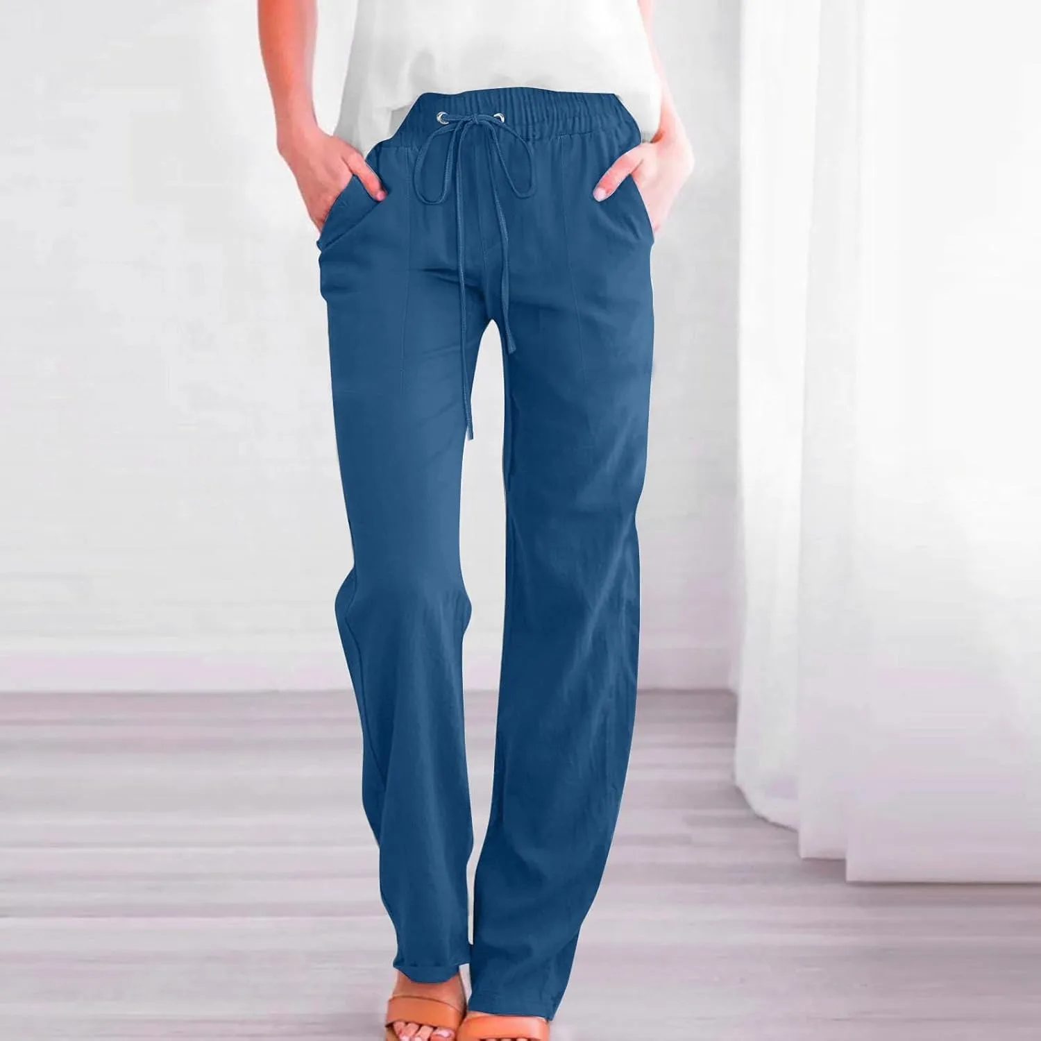 Womens Casual Linen High Waist Pants Drawstring Elastic Loose Fit Summer Pants Plus Size Trousers with Side Pockets