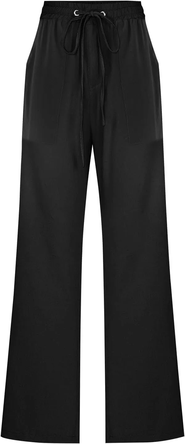 Womens Casual Linen High Waist Pants Drawstring Elastic Loose Fit Summer Pants Plus Size Trousers with Side Pockets