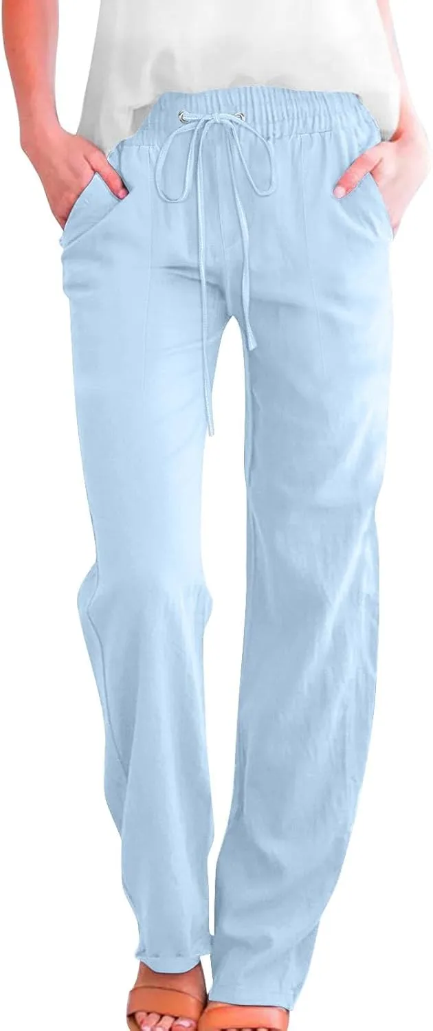 Womens Casual Linen High Waist Pants Drawstring Elastic Loose Fit Summer Pants Plus Size Trousers with Side Pockets