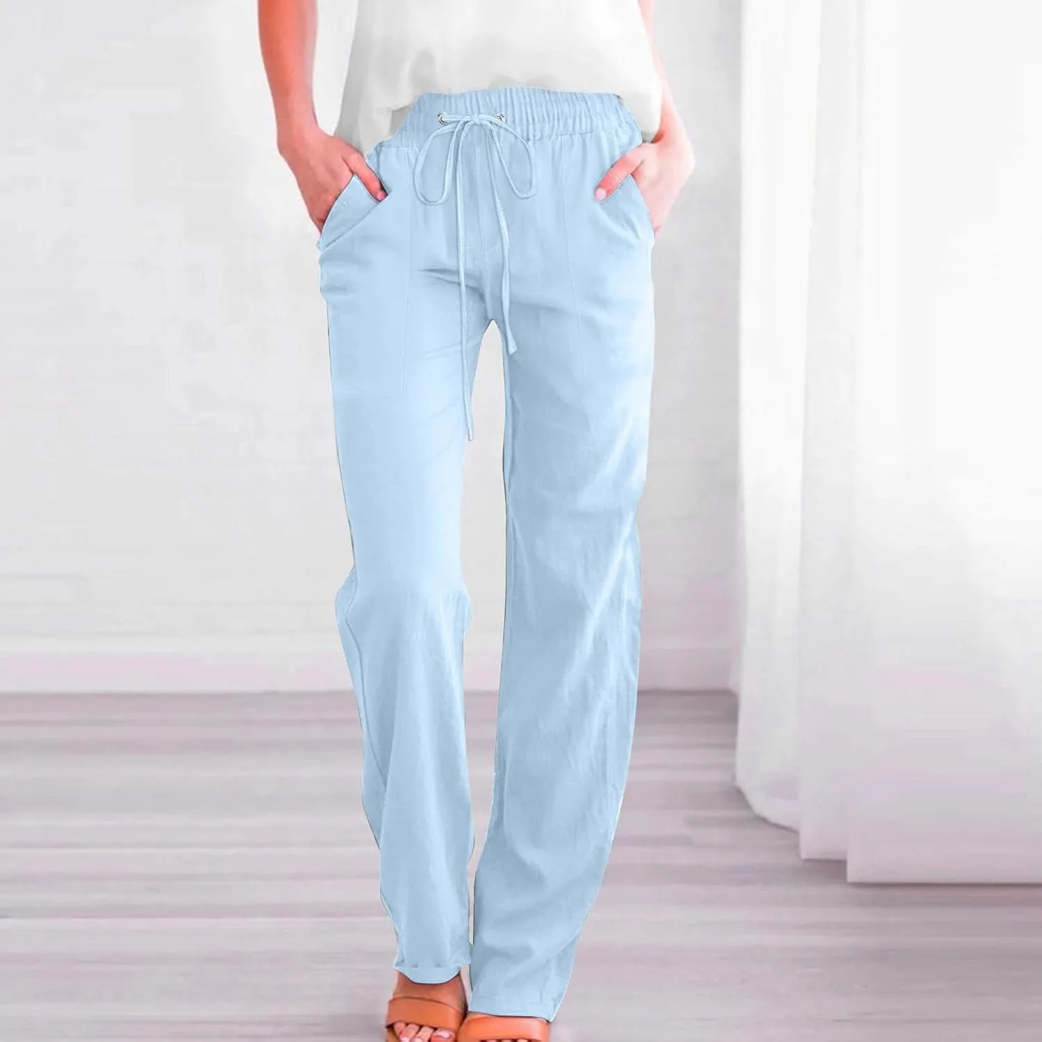 Womens Casual Linen High Waist Pants Drawstring Elastic Loose Fit Summer Pants Plus Size Trousers with Side Pockets
