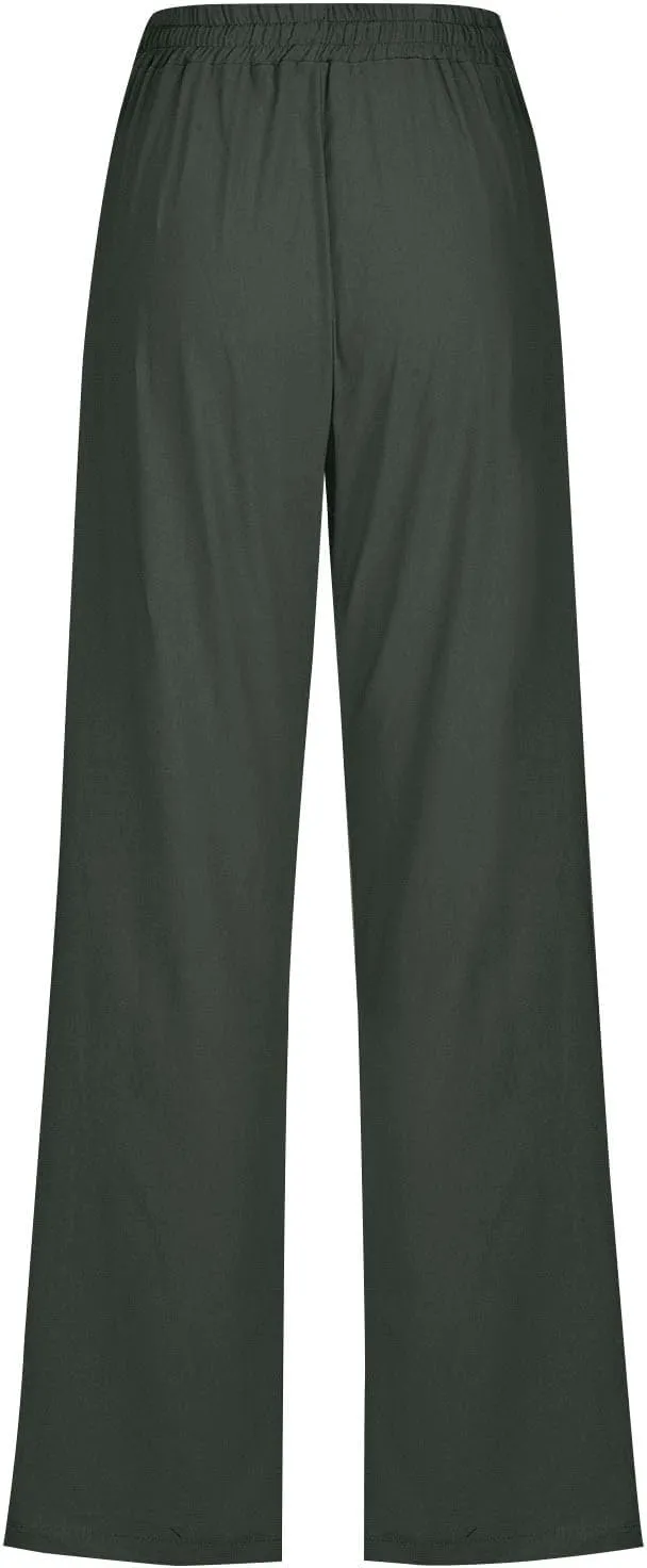 Womens Casual Linen High Waist Pants Drawstring Elastic Loose Fit Summer Pants Plus Size Trousers with Side Pockets