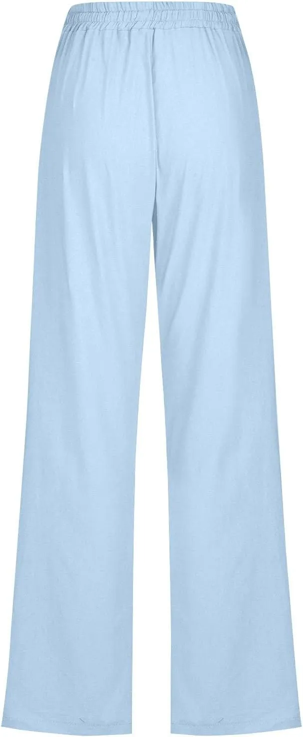 Womens Casual Linen High Waist Pants Drawstring Elastic Loose Fit Summer Pants Plus Size Trousers with Side Pockets