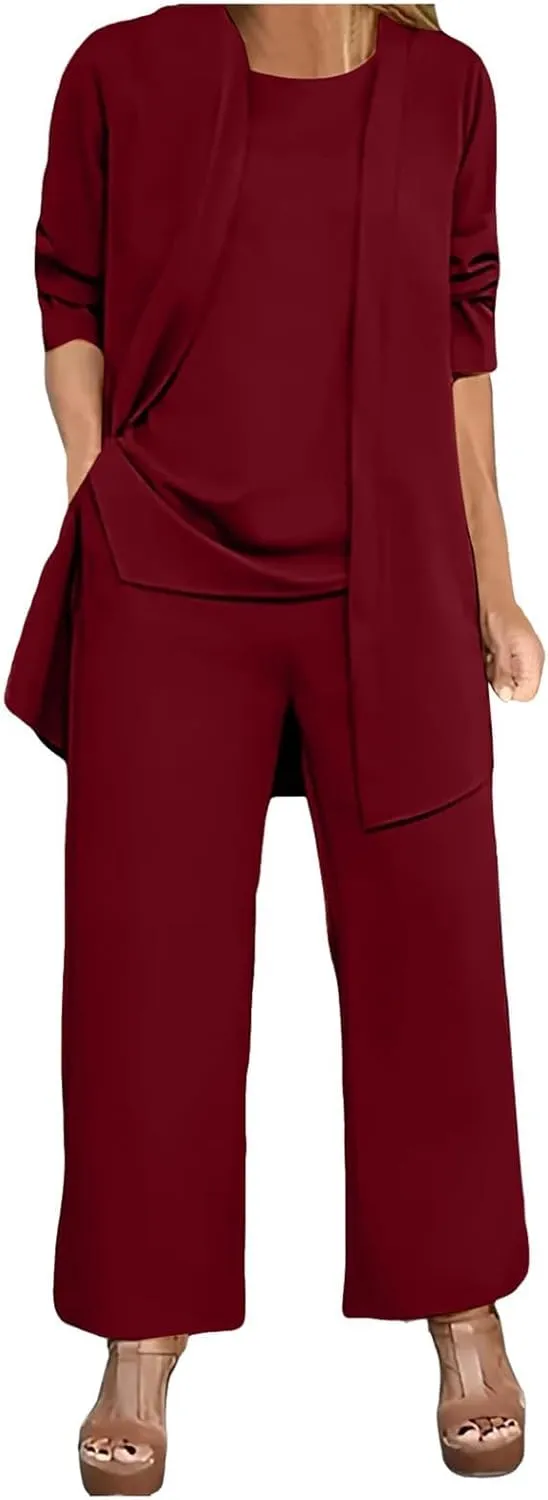 Womens Chiffon 3 Piece Outfit Sets Solid Formal Wide Leg Pant Suits Dressy Wedding Guest Pantsuits