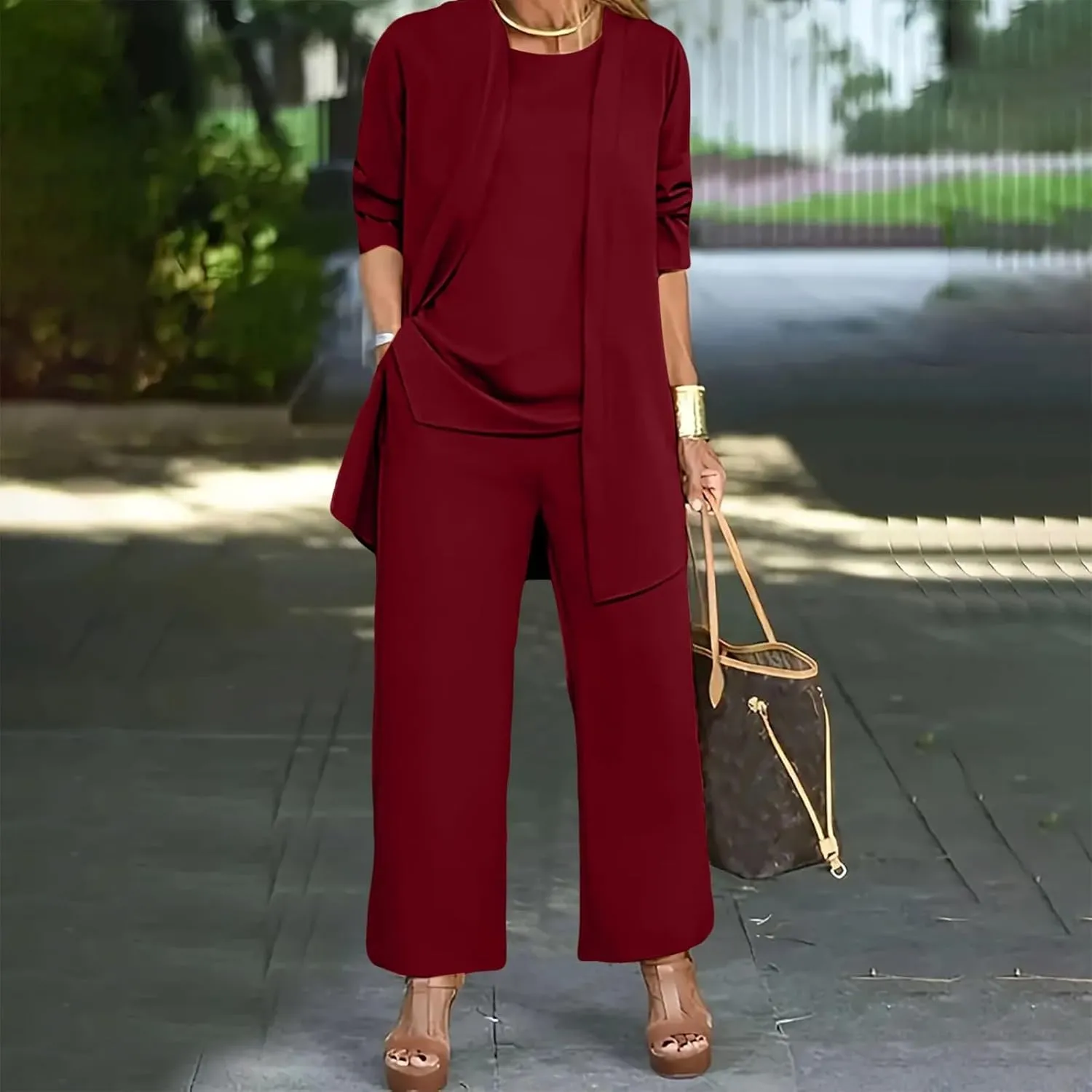 Womens Chiffon 3 Piece Outfit Sets Solid Formal Wide Leg Pant Suits Dressy Wedding Guest Pantsuits