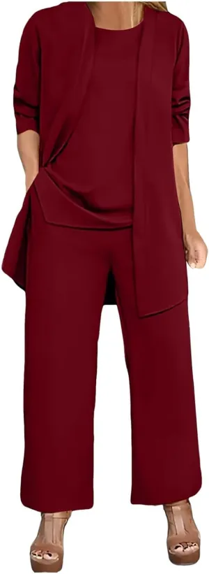 Womens Chiffon 3 Piece Outfit Sets Solid Formal Wide Leg Pant Suits Dressy Wedding Guest Pantsuits