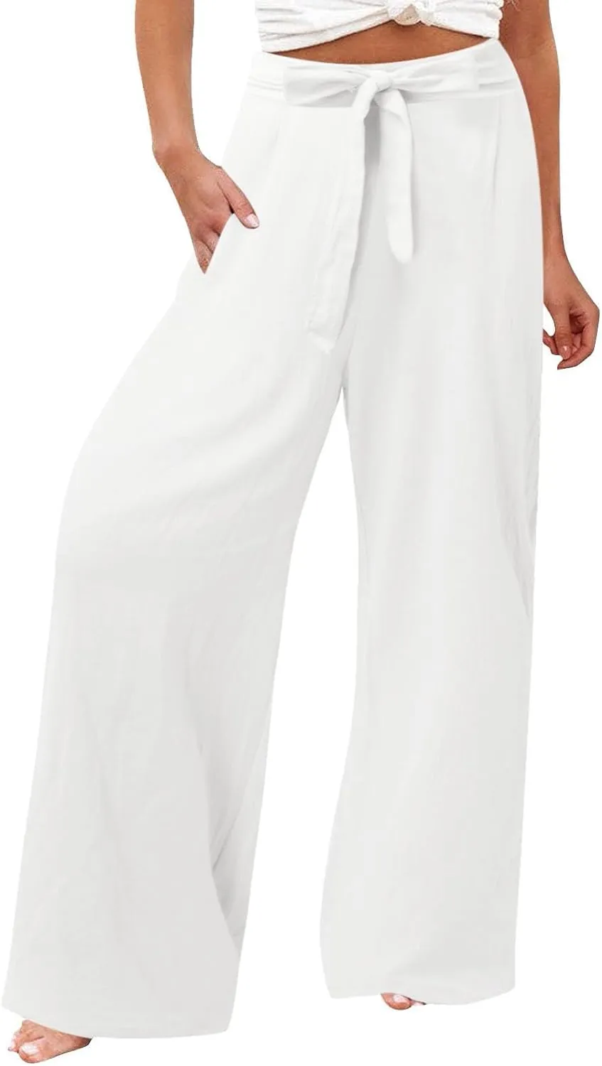 Women's Cotton Linen Summer Lightweigt Palazzo Pants Low Waist Wide Leg Loose Fit Pants Travel