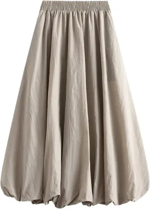 Women's Elastic High Waist Solid Color A-Line Pleated Puffball Hem Casual Flowy Balloon Bud Midi Skirts