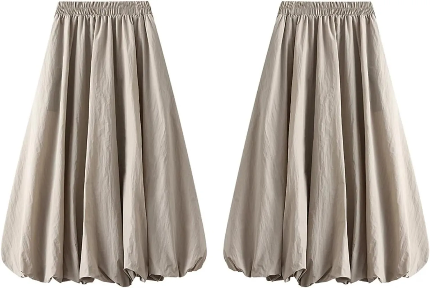 Women's Elastic High Waist Solid Color A-Line Pleated Puffball Hem Casual Flowy Balloon Bud Midi Skirts