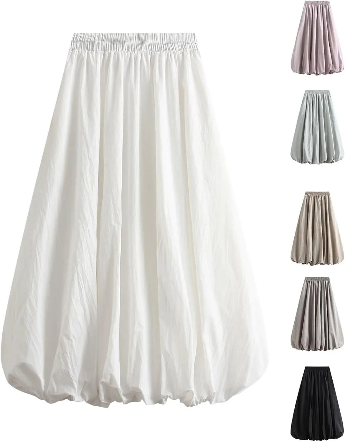 Women's Elastic High Waist Solid Color A-Line Pleated Puffball Hem Casual Flowy Balloon Bud Midi Skirts