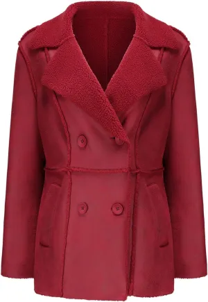 Women's Faux Sheepskin Leather Flying Aviator Winter Jacket, Faux Leather Trench Coat Overcoat with Lapel