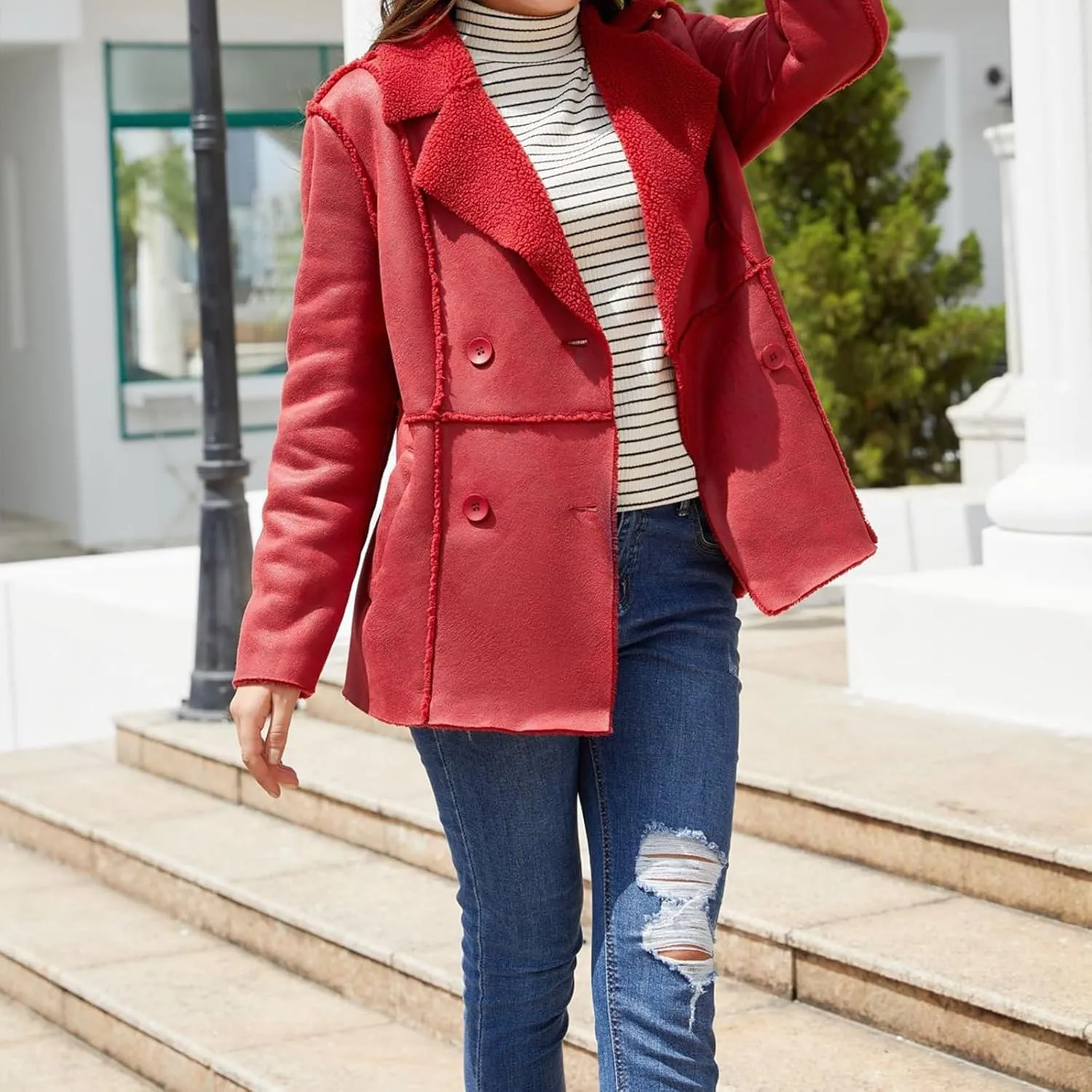 Women's Faux Sheepskin Leather Flying Aviator Winter Jacket, Faux Leather Trench Coat Overcoat with Lapel