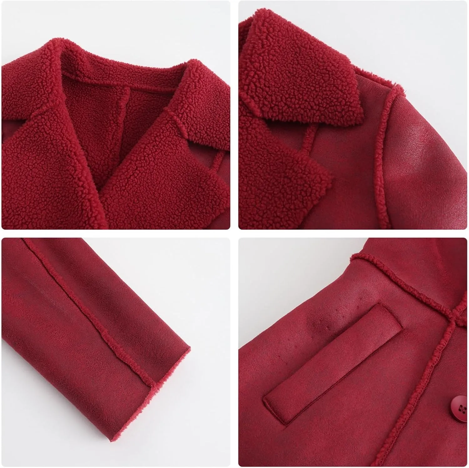 Women's Faux Sheepskin Leather Flying Aviator Winter Jacket, Faux Leather Trench Coat Overcoat with Lapel