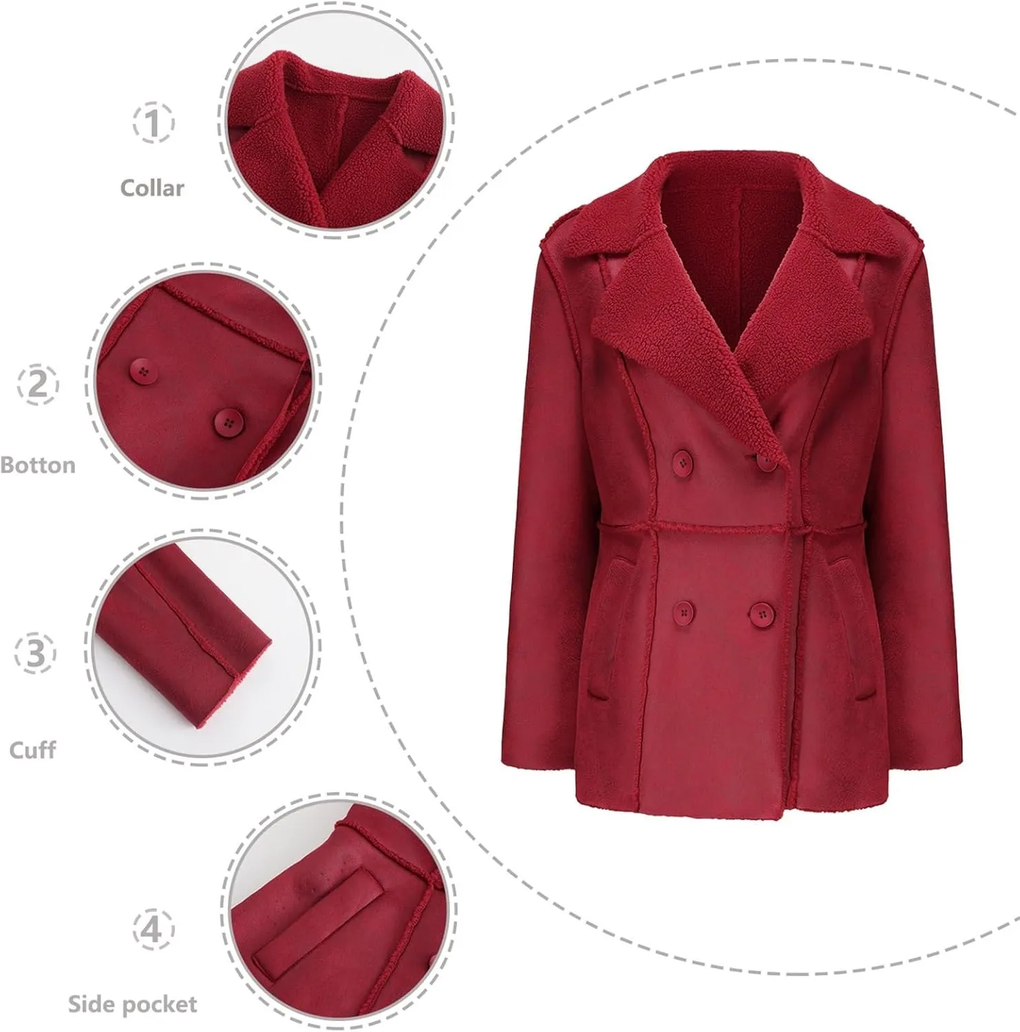 Women's Faux Sheepskin Leather Flying Aviator Winter Jacket, Faux Leather Trench Coat Overcoat with Lapel