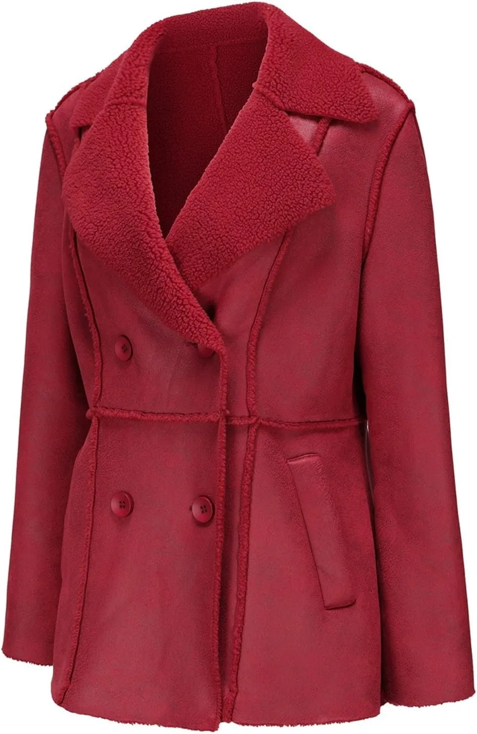 Women's Faux Sheepskin Leather Flying Aviator Winter Jacket, Faux Leather Trench Coat Overcoat with Lapel
