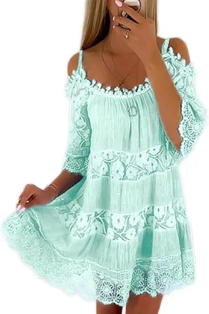 Womens Floral Lace Cold Shoulder Dress Crochet Lace Trim Scoop Neck Ruffle Hem Vintage A-line Mini Cami Dress