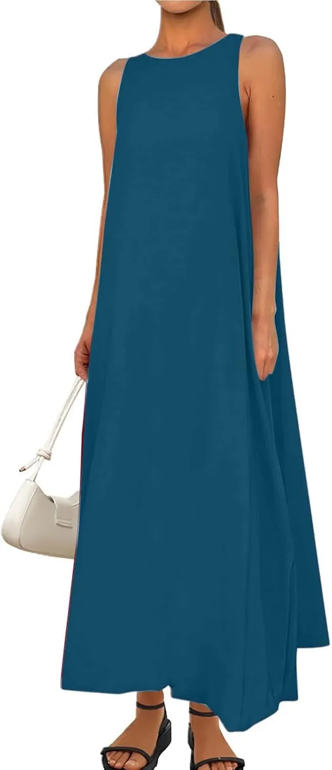 Women's Flowy Summer Dresses 2025 Crew Neck Sleeveless Casual Loose Sundress Basic Beach Tank Maxi Dress with Pockets