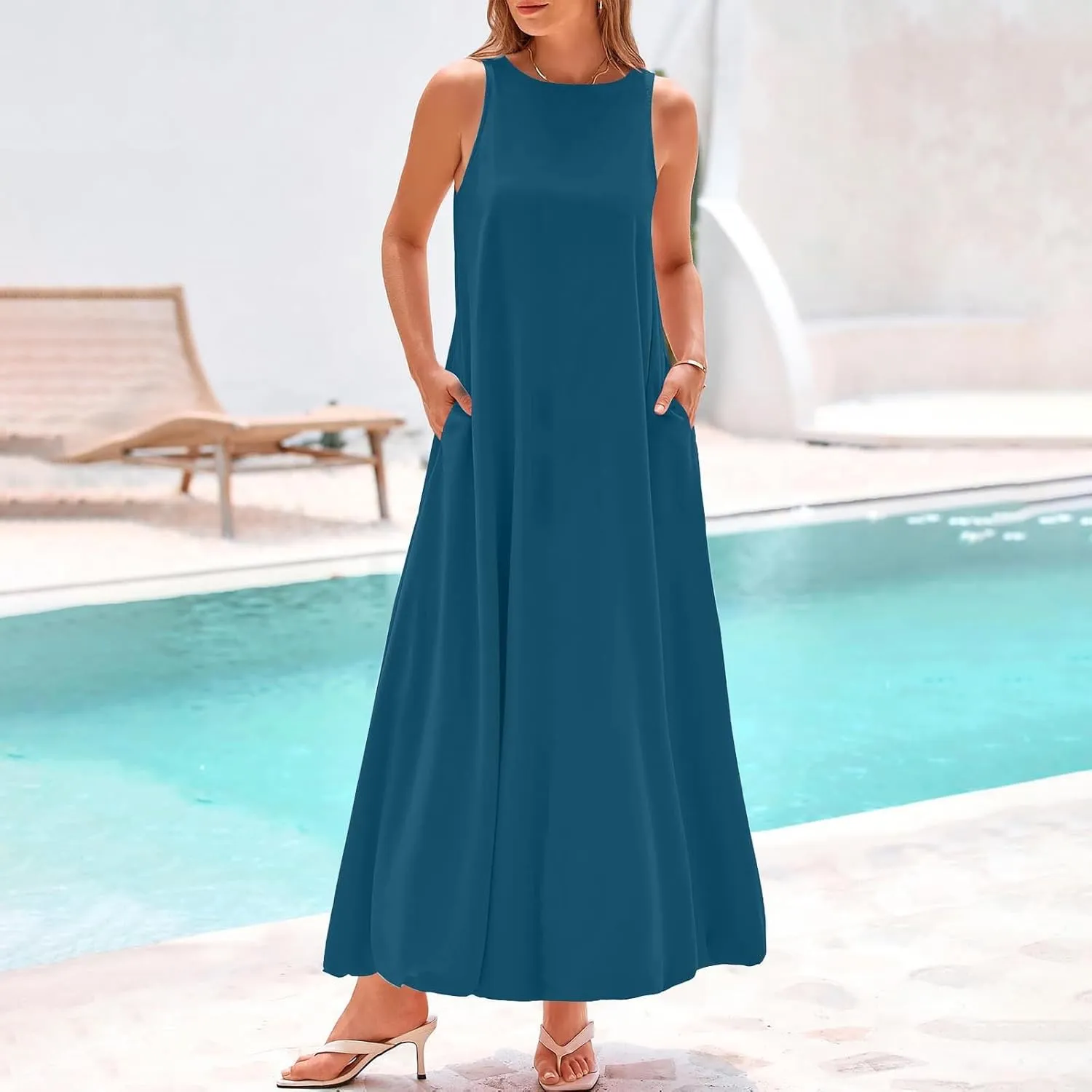Women's Flowy Summer Dresses 2025 Crew Neck Sleeveless Casual Loose Sundress Basic Beach Tank Maxi Dress with Pockets