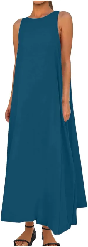 Women's Flowy Summer Dresses 2025 Crew Neck Sleeveless Casual Loose Sundress Basic Beach Tank Maxi Dress with Pockets