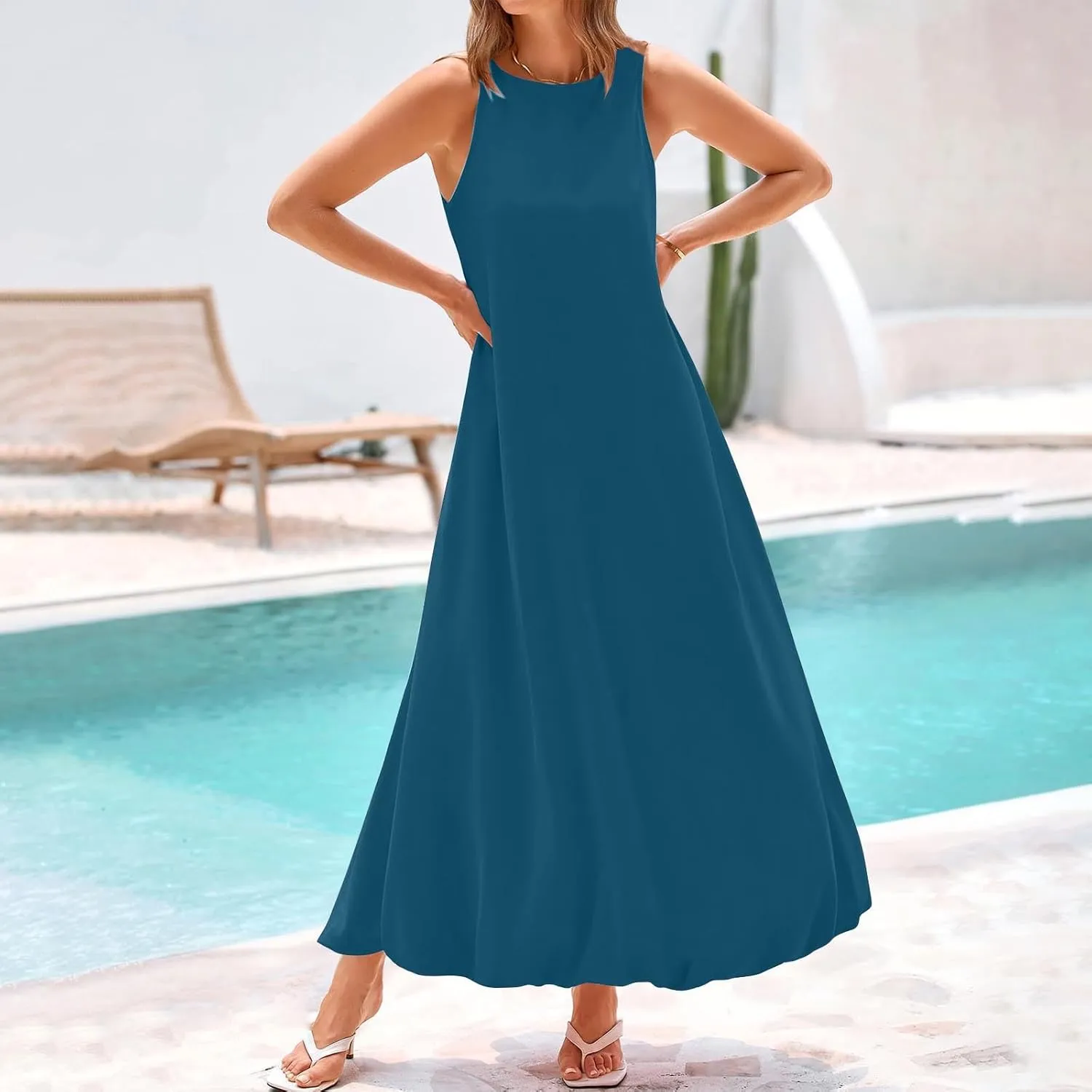 Women's Flowy Summer Dresses 2025 Crew Neck Sleeveless Casual Loose Sundress Basic Beach Tank Maxi Dress with Pockets