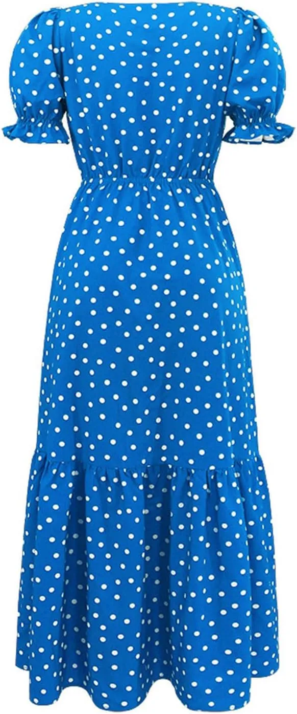 Women's Flutter Sleeve Smocked Polka Dot Midi Dress Summer Beach Vocation Boho Round Neck Casual Tiered Dresses