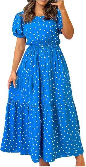 Women's Flutter Sleeve Smocked Polka Dot Midi Dress Summer Beach Vocation Boho Round Neck Casual Tiered Dresses