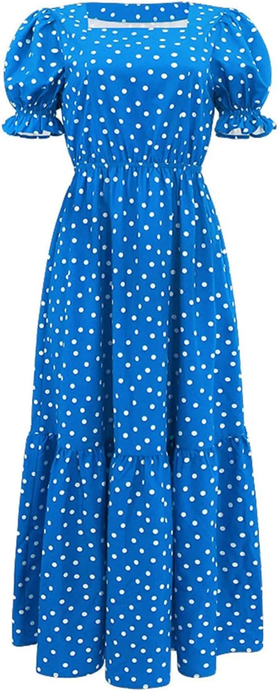 Women's Flutter Sleeve Smocked Polka Dot Midi Dress Summer Beach Vocation Boho Round Neck Casual Tiered Dresses