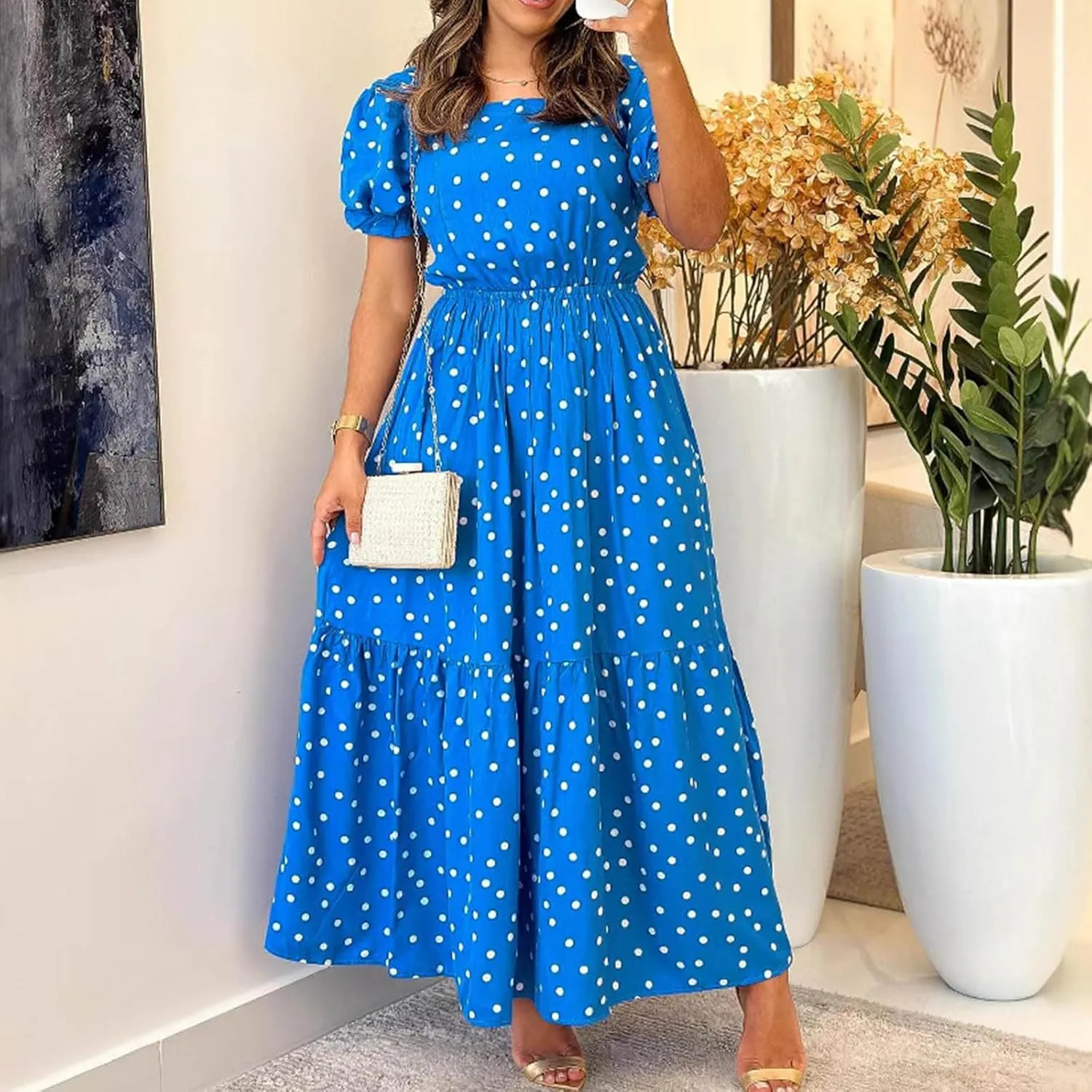 Women's Flutter Sleeve Smocked Polka Dot Midi Dress Summer Beach Vocation Boho Round Neck Casual Tiered Dresses
